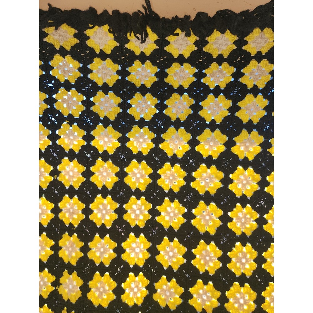 Vintage Handmade Crochet Granny Square Floral Throw Blanket Yellow Black Fringe - Picture 3 of 5